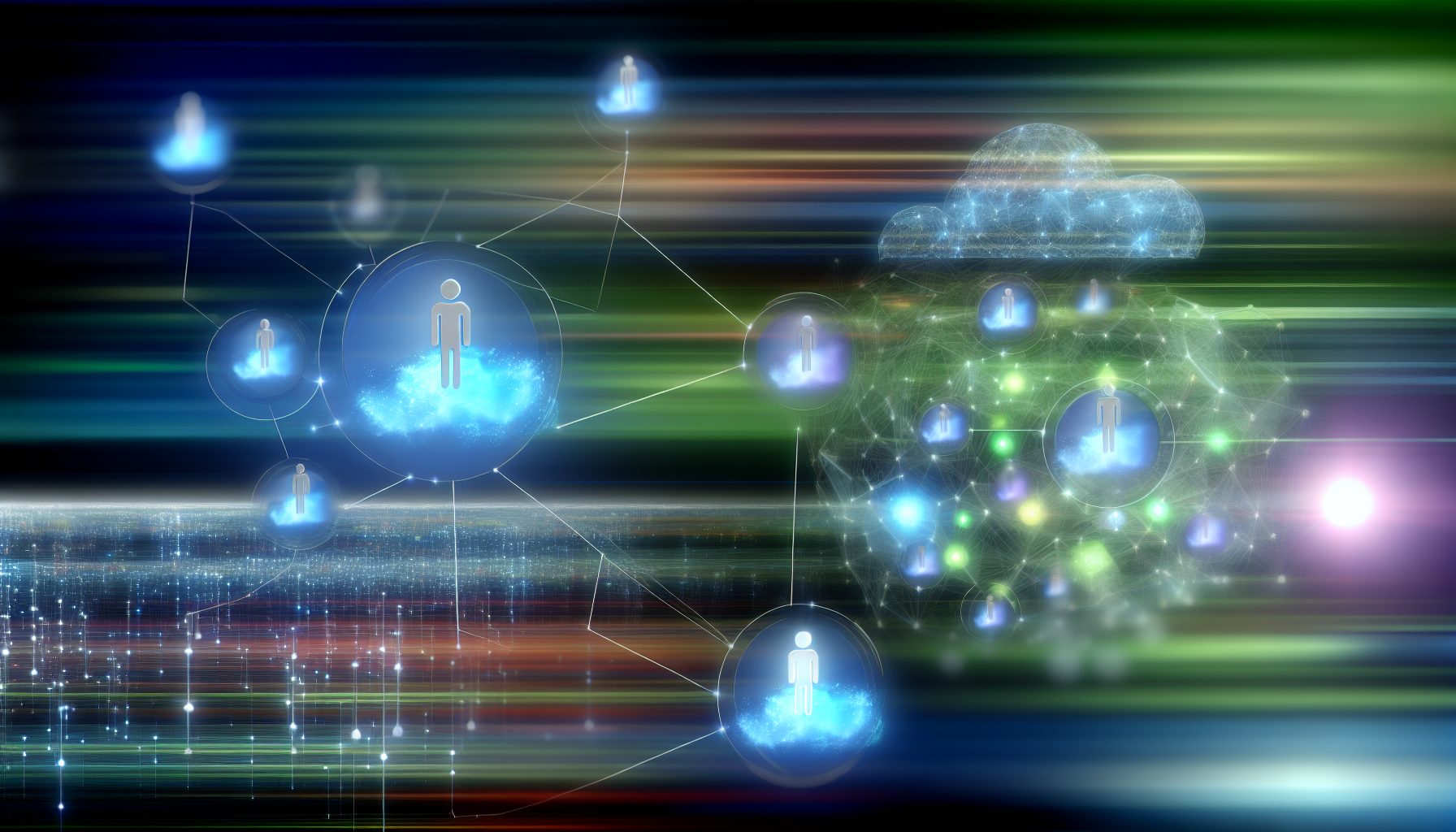 Futuristic digital painting of AI agents connecting through vibrant, glowing data streams in a SaaS environment.