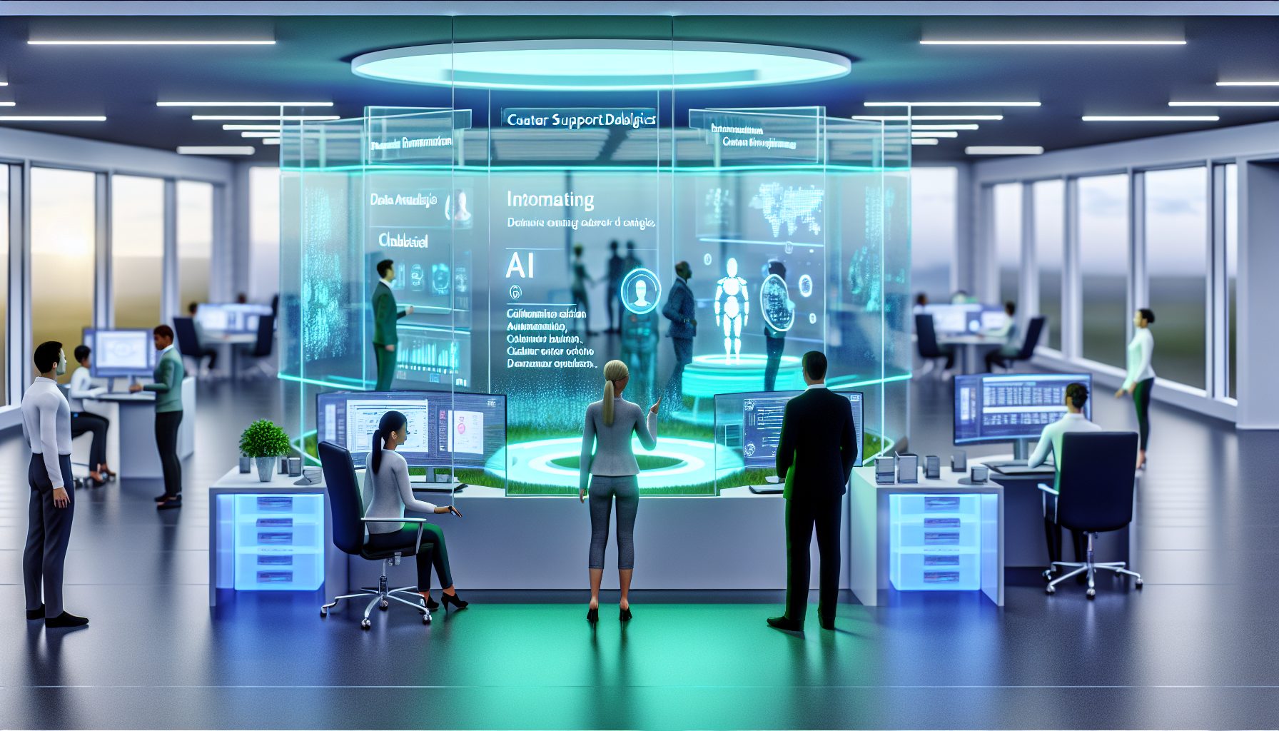 Futuristic office with professionals collaborating around AI-enhanced data analytics interfaces.