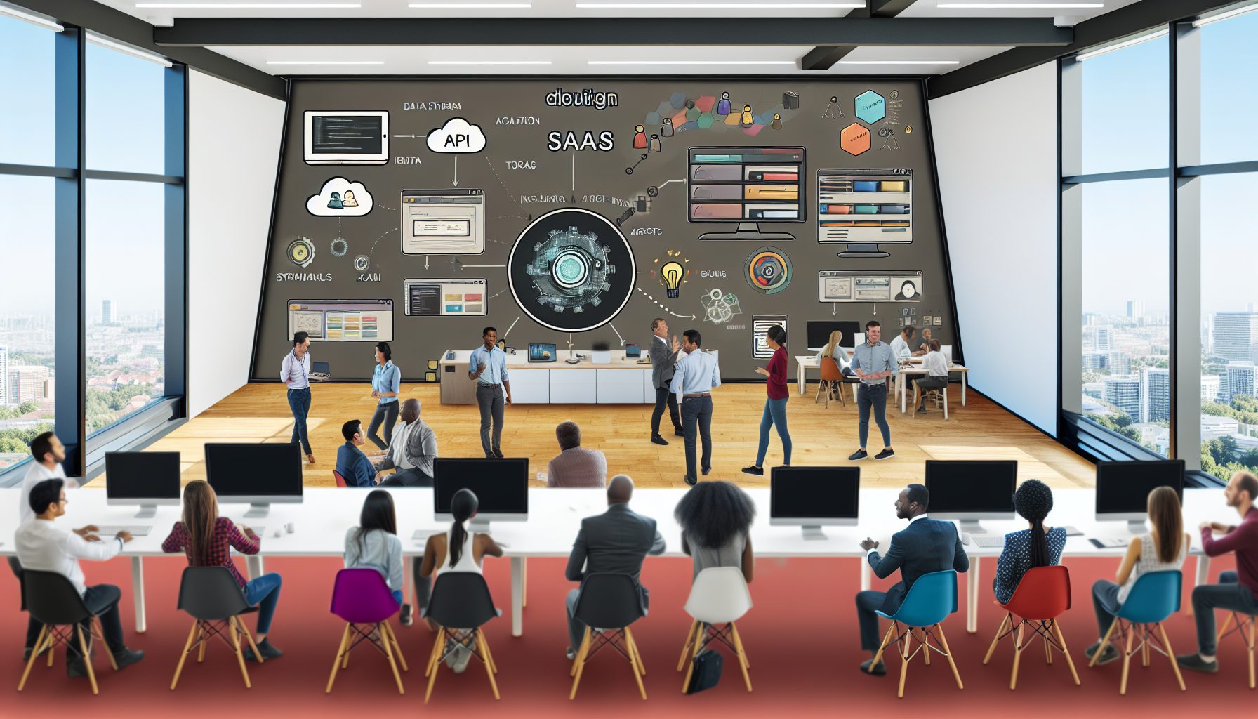 A team collaborates on a SaaS app, showcasing design, data streams, and AI symbols in a modern office.