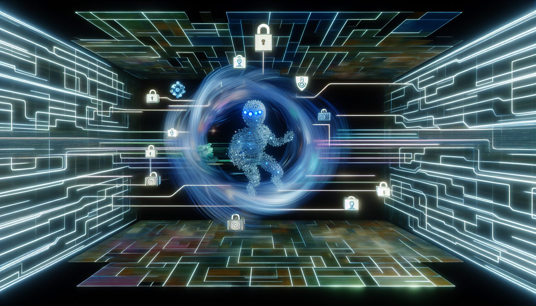 Abstract digital painting of an AI agent in a serverless architecture with dynamic challenges.