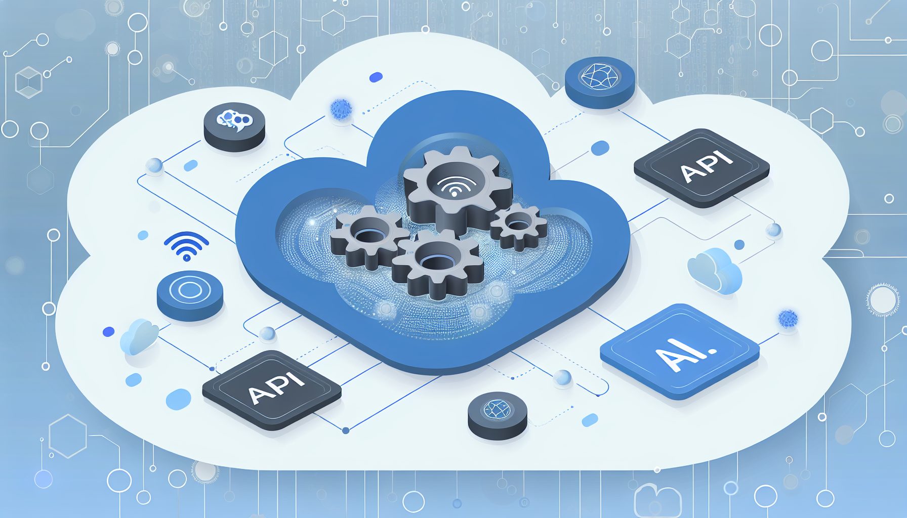 Minimalistic vector of API and AI systems in a scalable SaaS framework with gears and clouds.
