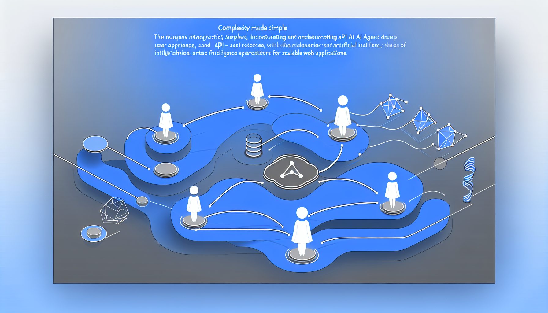 Minimalist illustration of a SaaS landscape with API nodes and AI agents in blue and gray tones.